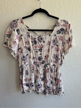 Maurices White Floral Peplum Top with Pink & Navy Accents